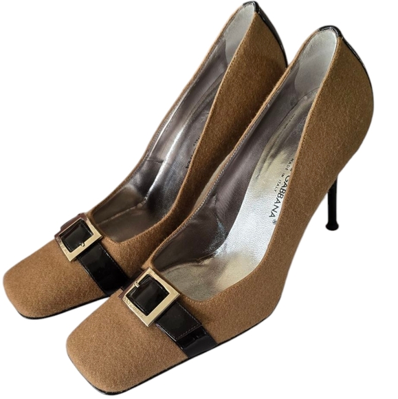 DOLCE & GABANNA Vero Cuoio Tan and Brown High Heel Pumps with Square Toe - Picture 1 of 7